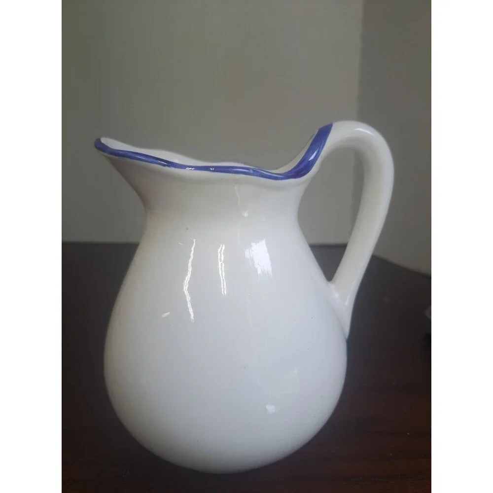 Hand Painted White Ceramic Pitcher Blue Flowers And Trim